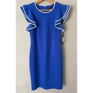 NWT Tommy Hilfiger Womens Ruffle Sleeve Sheath Dress Size 8 Royal Blue Preppy